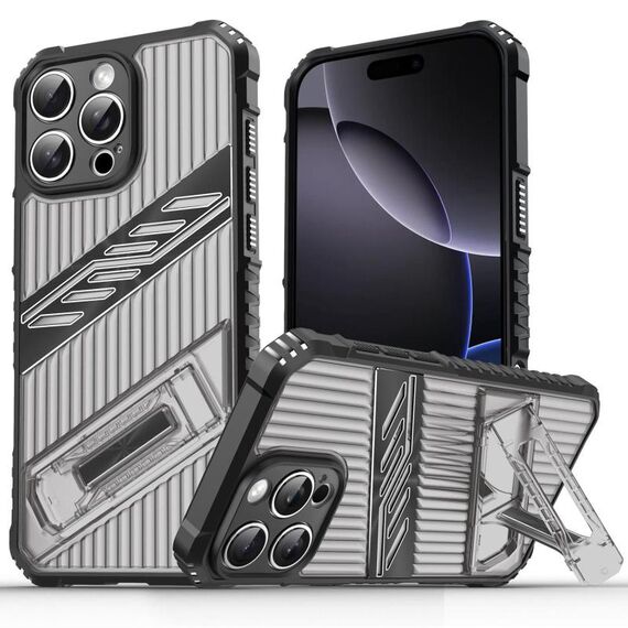 Per iPhone 16 Pro Plating Holder PC Hybrid TPU Custodia per telefono (grigio nero)