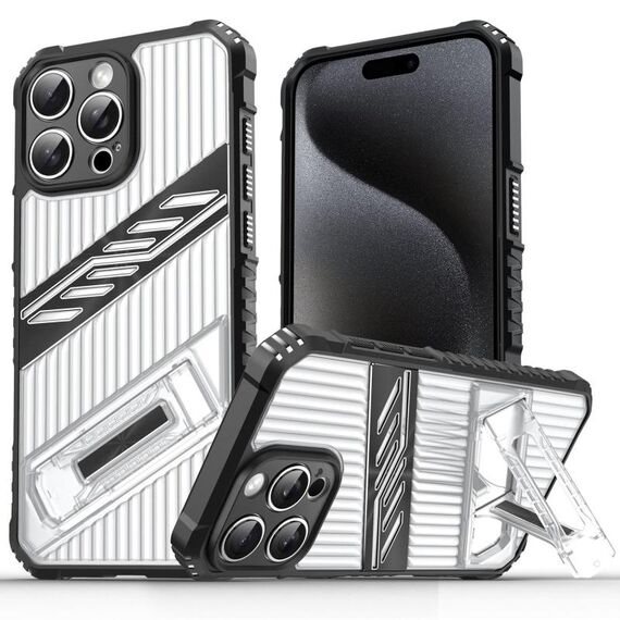 Per iPhone 15 Pro Max Plating Holder PC Hybrid TPU Custodia per telefono (nero trasparente)