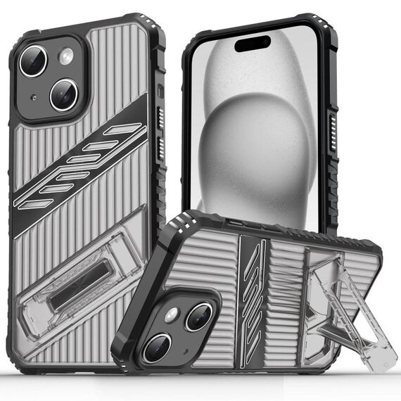Per iPhone 15 Plus Plating Holder PC Hybrid TPU Custodia per telefono (grigio nero)