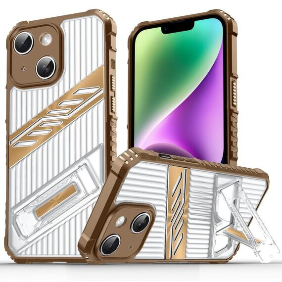 Per iPhone 14 Plating Holder PC Hybrid TPU Custodia per telefono (oro deserto)