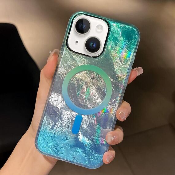 Per iPhone 13 Plating Gradient Glacier Texture Custodia per telefono MagSafe (Argento Blu)