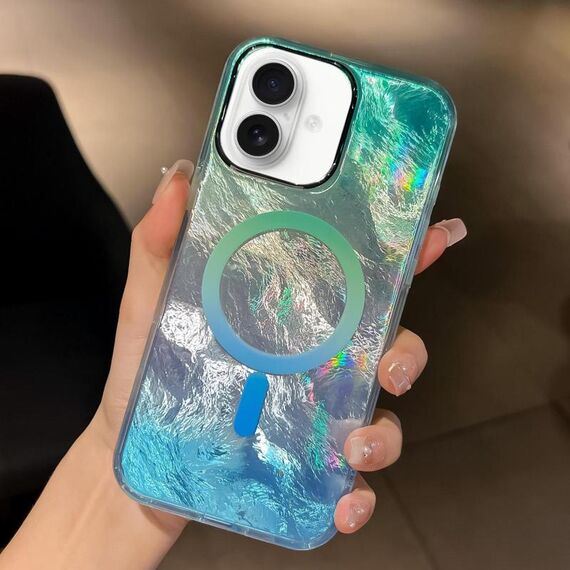 Per iPhone 16 Plating Gradient Glacier Texture Custodia per telefono MagSafe (Argento Blu)