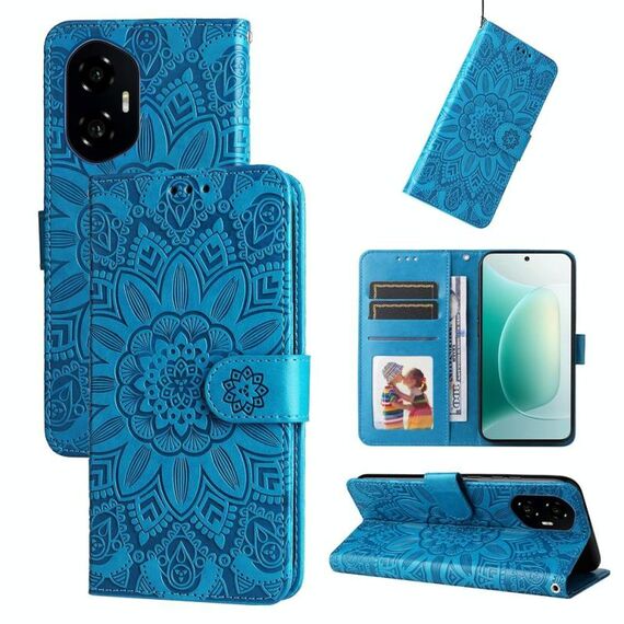 Custodia per telefono in pelle con motivo girasole in rilievo per Honor 300 (blu)