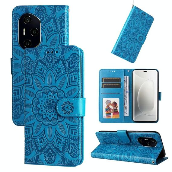 Custodia per telefono in pelle con motivo girasole in rilievo per Honor 300 Pro (blu)