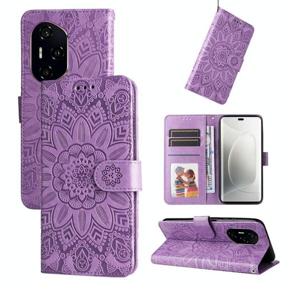 Custodia per telefono in pelle con motivo girasole in rilievo per Honor 300 Pro (viola)