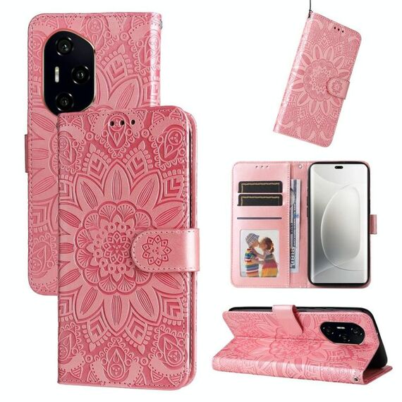 Custodia per telefono in pelle con motivo girasole in rilievo per Honor 300 Pro (oro rosa)