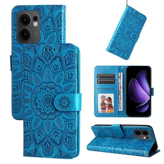Per OPPO Reno13 F 4G / 5G Custodia per telefono in pelle con motivo girasole in rilievo (blu)