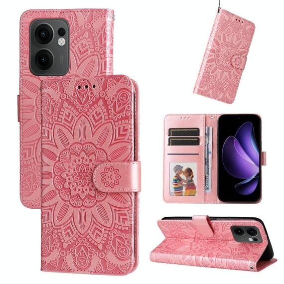Per OPPO Reno13 F 4G / 5G Custodia per telefono in pelle con motivo girasole in rilievo (oro rosa)