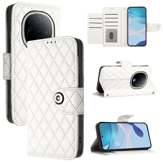 Per vivo Y300 5G Custodia per telefono in pelle con texture rombica e cordino (bianco)