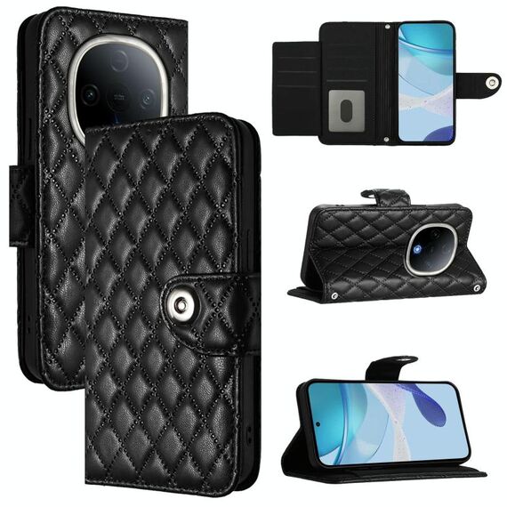 Per vivo Y300 5G Custodia per telefono in pelle con texture rombica e cordino (nero)