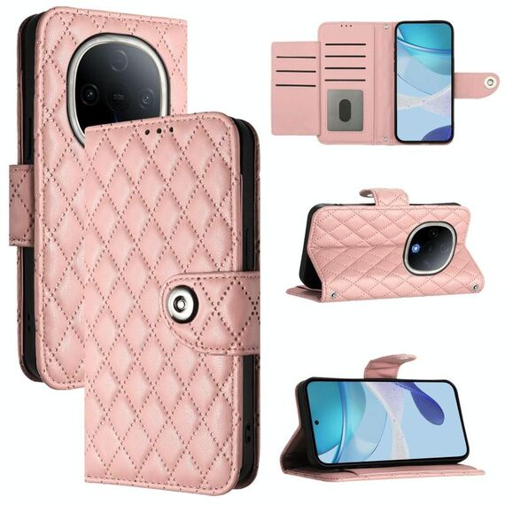 Per vivo Y300 5G Custodia in pelle con texture rombica e cordino (rosa corallo)