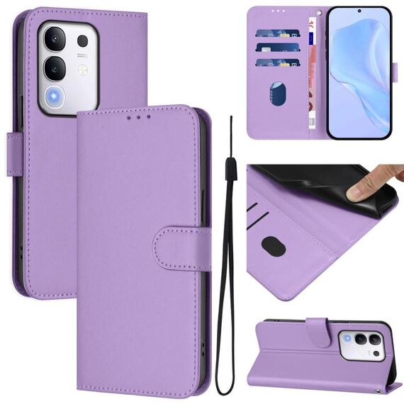 Per vivo Y29 4G Custodia per telefono in pelle tinta unita con cordino Global Skin Feel (viola lavanda)