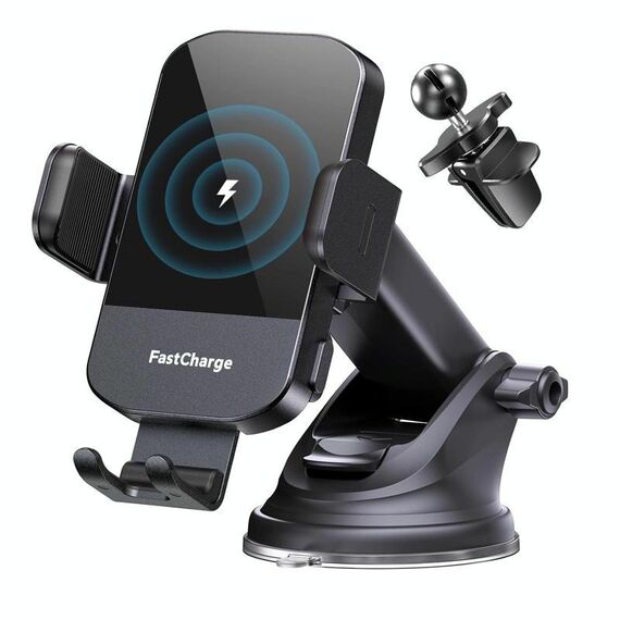 Supporto per telefono cellulare con ricarica wireless a induzione intelligente montato su auto da 15 W (supporto a ventosa + clip per presa d'aria)