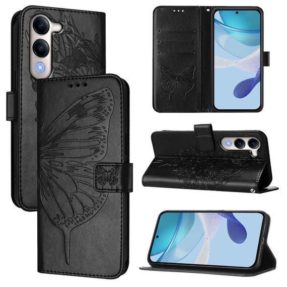Per vivo Y29S 5G / Y04 5G Custodia per telefono in pelle con motivo a farfalla in rilievo globale (nero)