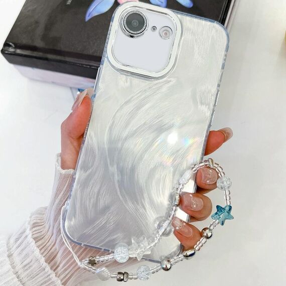 Per iPhone 16e placcatura glitter texture catena cinturino custodia per telefono in TPU con pellicola per lenti (filato di piume bianche)