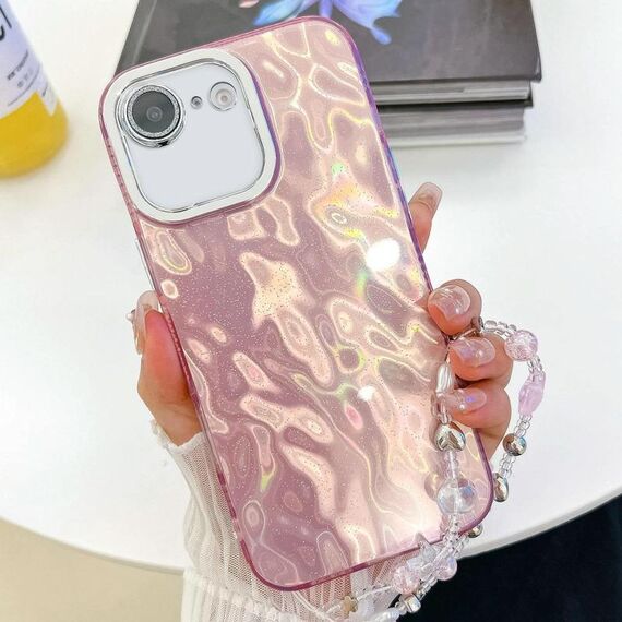 Per iPhone 16e placcatura glitter texture catena cinturino custodia per telefono in TPU con pellicola per lenti (grinze rosa)