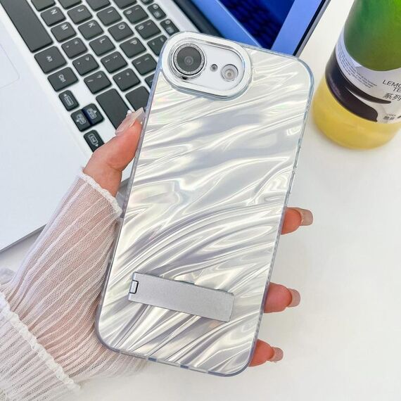 Per iPhone 16e placcatura glitter texture pieghevole supporto TPU custodia per telefono con pellicola per lenti (increspature acqua bianca)