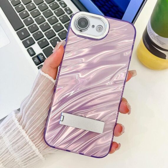 Per iPhone 16e placcatura glitter texture pieghevole supporto TPU custodia per telefono con pellicola per lenti (increspature dell'acqua viola)