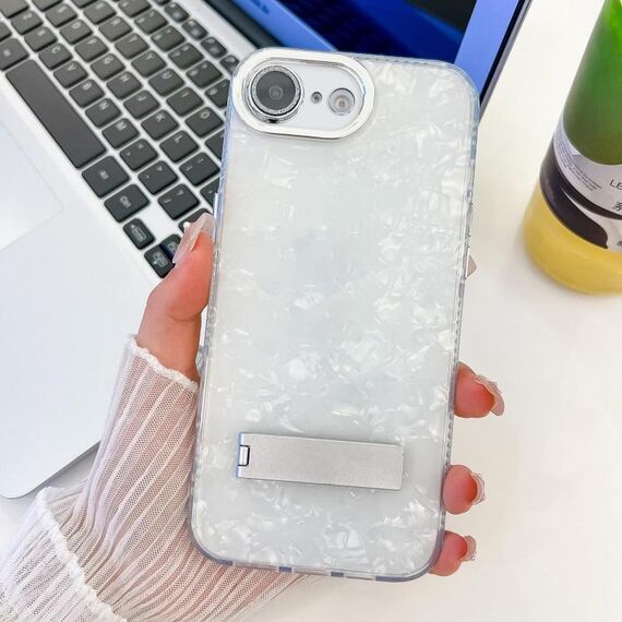 Per iPhone 16e placcatura glitter texture pieghevole supporto TPU custodia per telefono con pellicola per lenti (modello a conchiglia bianca)