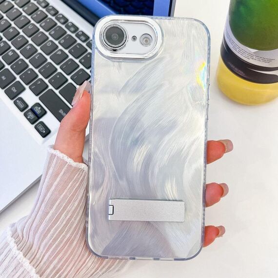 Per iPhone 16e placcatura glitter texture pieghevole supporto TPU custodia per telefono con pellicola per lenti (filato di piume bianche)