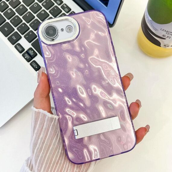 Per iPhone 16e placcatura glitter texture pieghevole supporto TPU custodia per telefono con pellicola per lenti (rughe viola)