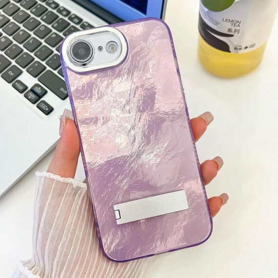 Per iPhone 16e placcatura glitter texture pieghevole supporto TPU custodia per telefono con pellicola per lenti (texture stagnola viola)