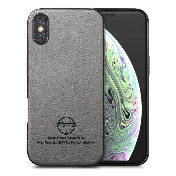 Per iPhone X / XS Custodia per telefono in pelle con retro in tessuto Twill (grigio)