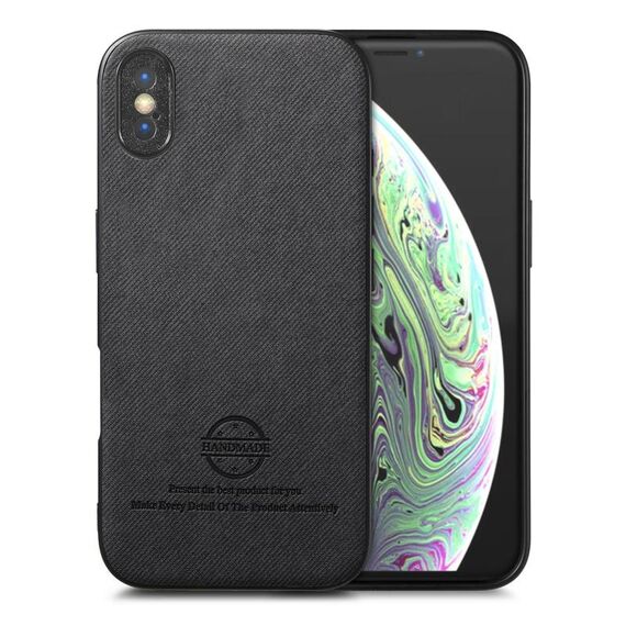 Per iPhone X / XS Custodia per telefono in pelle con retro in tessuto Twill (nero)