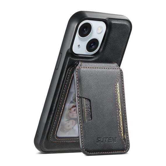 Per iPhone 15 Plus Suteni M3 Card Bag MagSafe Custodia per telefono in pelle di vacchetta (nero)