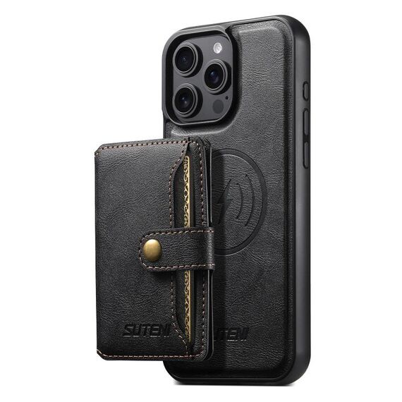 Per iPhone 16 Pro Suteni M4 Custodia per carte magnetiche MagSafe in pelle per telefono (nero)