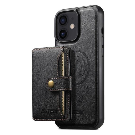Per iPhone 12 Suteni M4 Custodia per carte magnetiche MagSafe in pelle per telefono (nero)