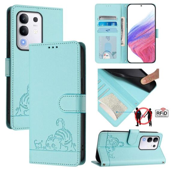 Per vivo Y29 4G Global Cat Rat Embossed Pattern RFID Custodia in pelle per telefono con cordino (verde menta)