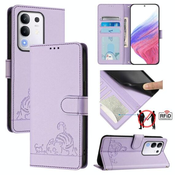 Per vivo Y29 4G Global Cat Rat Embossed Pattern RFID Custodia in pelle per telefono con cordino (viola)