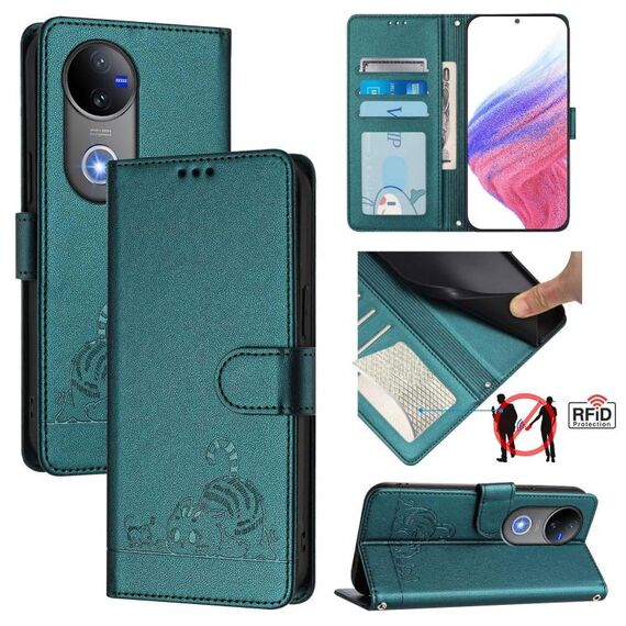 Per vivo V50 5G Global Cat Rat Embossed Pattern RFID Custodia in pelle per telefono con cordino (verde pavone)