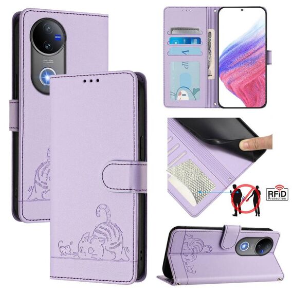 Per vivo V50 5G Global Cat Rat Embossed Pattern RFID Custodia in pelle per telefono con cordino (viola)