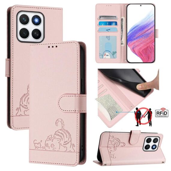 Per Honor X8c 4G Global Cat Rat Embossed Pattern RFID Custodia in pelle per telefono con cordino (rosa)