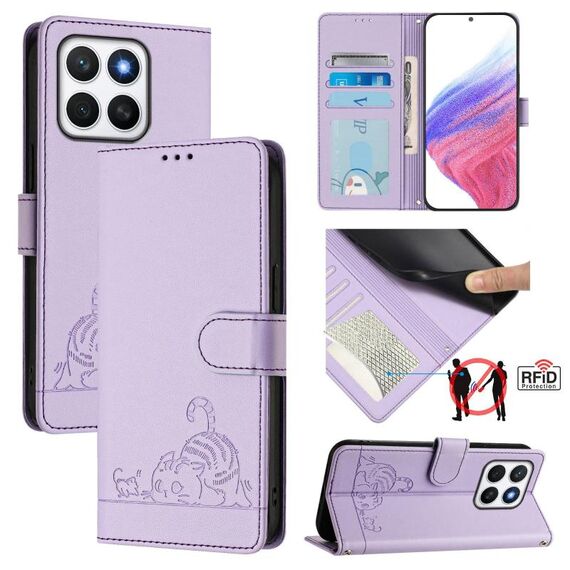 Per Honor X8c 4G Global Cat Rat Custodia in pelle con motivo in rilievo RFID con cordino (viola)