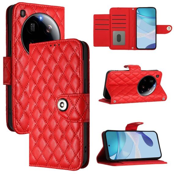 Per Xiaomi 15 Ultra Rhombic Texture Flip Custodia in pelle per telefono con cordino (rosso)