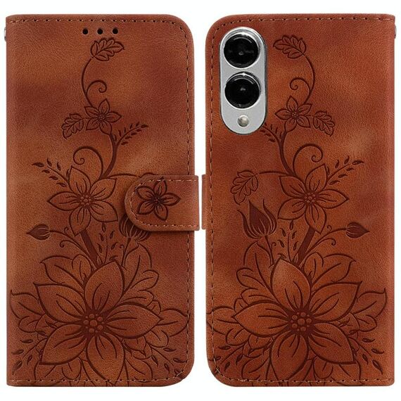 Per Samsung Galaxy S25 Edge 5G Custodia per telefono in pelle goffrata Lily (marrone)