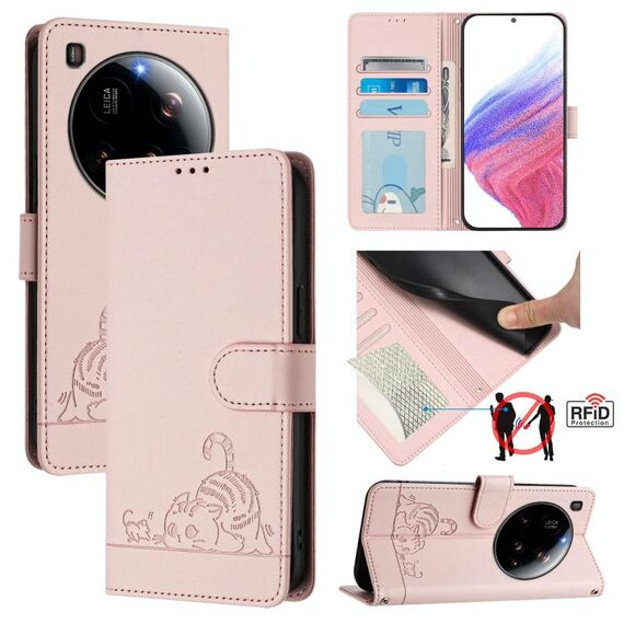 Per Xiaomi 15 Ultra Cat Rat Custodia in pelle con motivo in rilievo RFID con cordino (rosa)