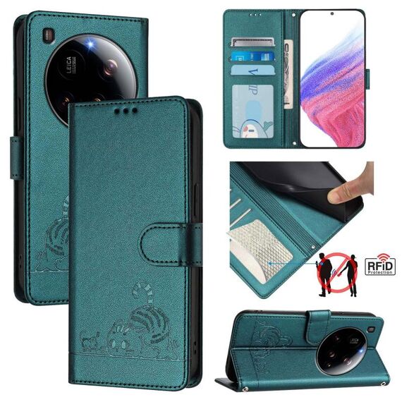 Per Xiaomi 15 Ultra Cat Rat Custodia in pelle con motivo in rilievo RFID con cordino (verde pavone)