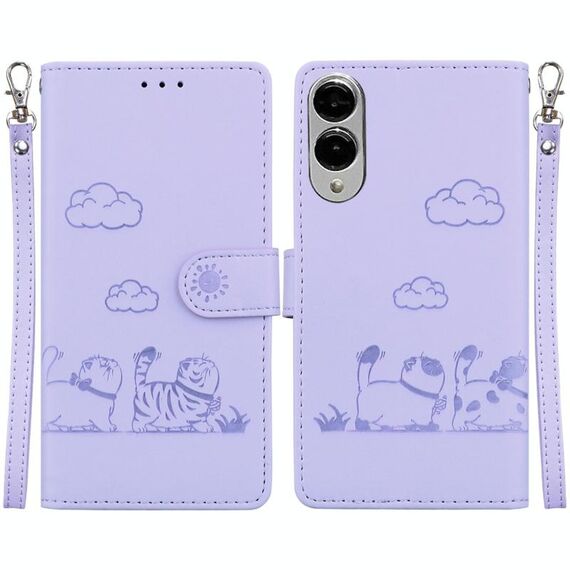 Per Samsung Galaxy S25 Edge 5G Custodia per telefono in pelle RFID con simpatici gatti (viola)