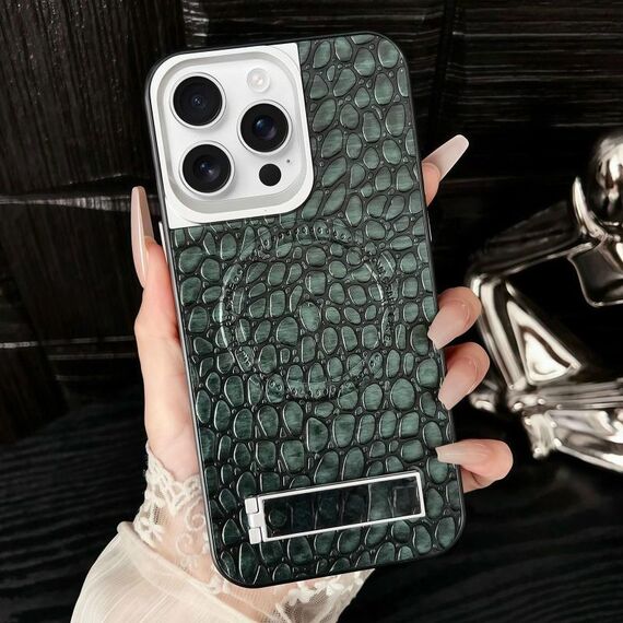 Per iPhone 16 Pro Max Custodia per telefono MagSafe in PU con motivo a ciottoli e supporto (verde scuro)
