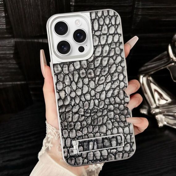 Per iPhone 16 Pro Pebble Pattern PU MagSafe Custodia per telefono con supporto (grigio)