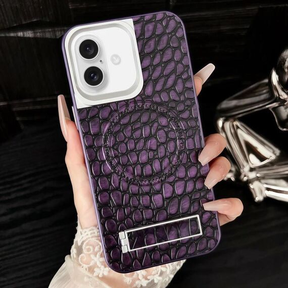 Per iPhone 16 Plus Custodia per telefono MagSafe in PU con motivo a ciottoli e supporto (viola)
