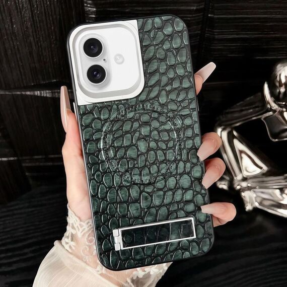 Per iPhone 16 Plus Custodia per telefono MagSafe in PU con motivo a ciottoli e supporto (verde scuro)