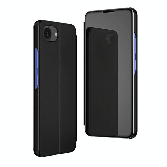 Per iPhone 16e Custodia per telefono in pelle con supporto a specchio orizzontale placcato (nero)