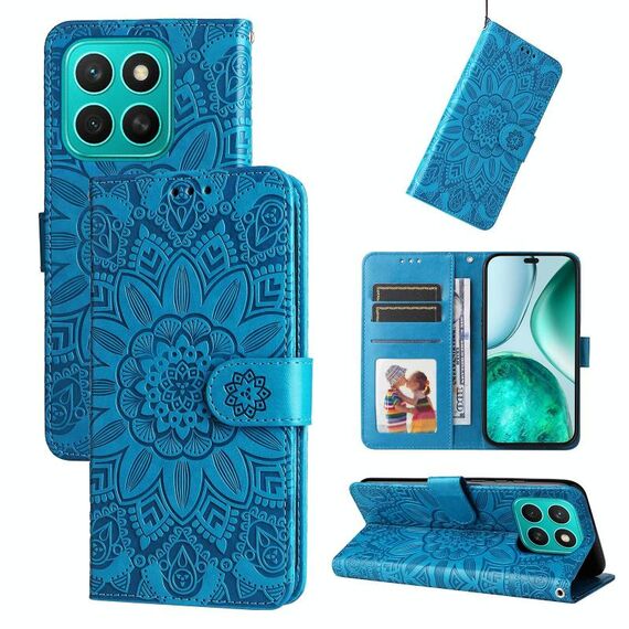 Per Honor X8c 4G Custodia per telefono in pelle con motivo girasole in rilievo (blu)