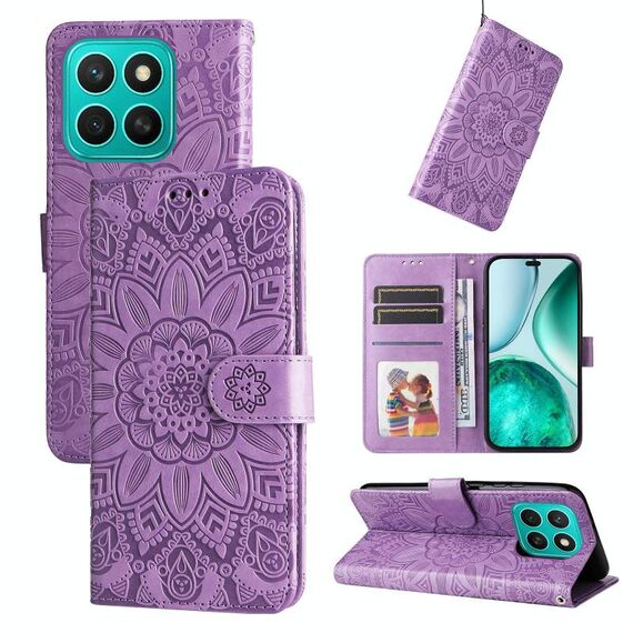 Per Honor X8c 4G Custodia per telefono in pelle con motivo girasole in rilievo (viola)