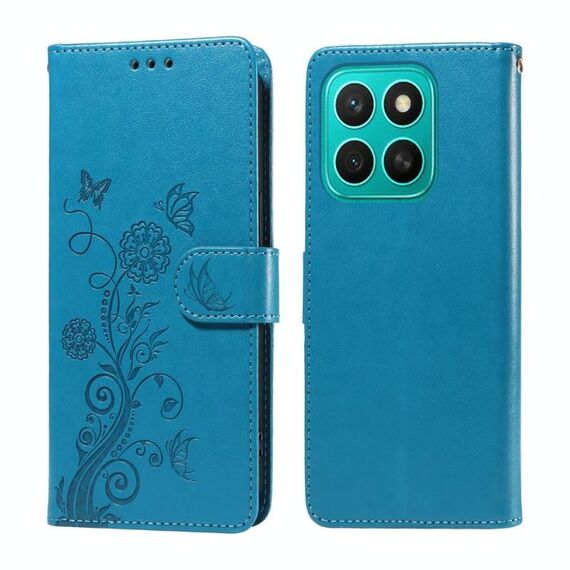 Per Honor X8c 4G Custodia in pelle con fiori di farfalla in rilievo (blu)